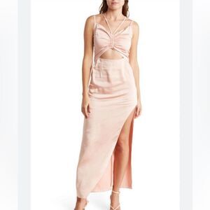 Bonheur D'Amour Cutout Shirred Front Side Slit Maxi Dress Large in Mauve NEW